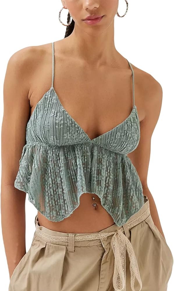 Karwuiio Women's Ruffles Tank Top Spaghetti Strap Frill Crop